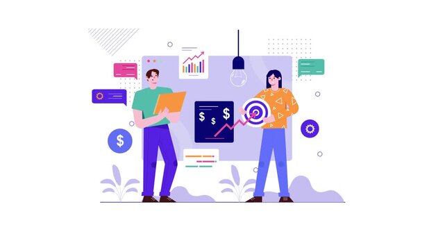 Animated business analytics teamwork with charts and target illustration