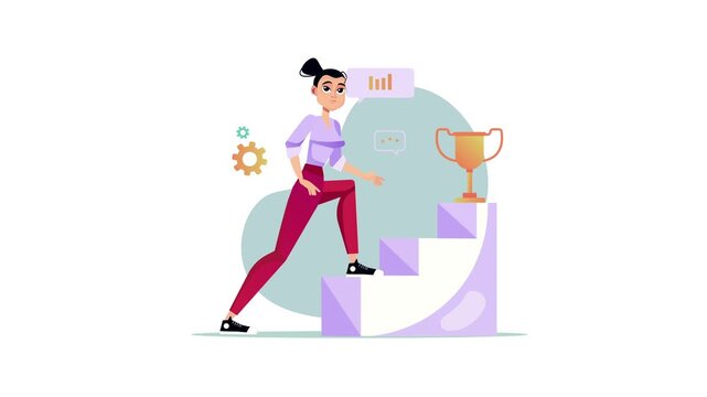 Animated woman climbing steps to trophy in flat business growth illustration