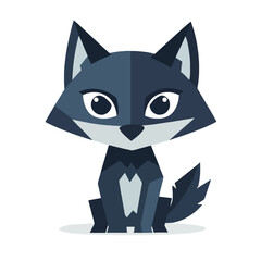 Fototapeta premium Cute Cartoon Wolf Character Sitting Isolated + Adorable Blue Animal with Geometric Design, Playful Style for Children's Illustration, and Mascot Logo Design. Vector Art Design 2D