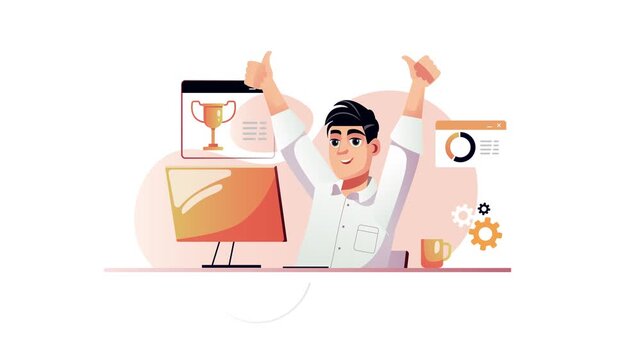 Animated happy developer celebrating success with trophy and dashboard