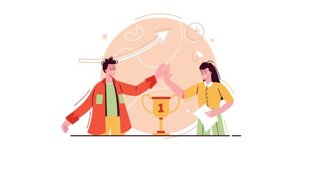 Animated teamwork celebration with two coworkers high-fiving near trophy
