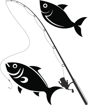 Hand drawn fishing rod with fish vector illustration isolated on white
