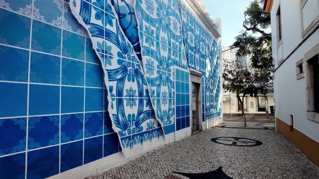 Modern Azulejo Mural and Traditional Calcada Paving in Lagos Algarve Portugal