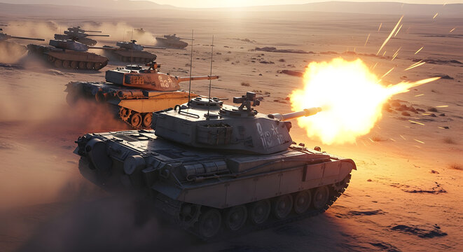 A line of military tanks advancing in a desert landscape with one firing