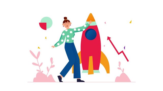 Animated woman launching a rocket with upward growth concept illustration