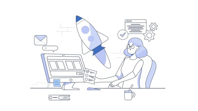 Animated woman managing website launch with rocket and laptop