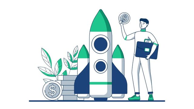 Startup investment animation with rocket, businessman and growing plants