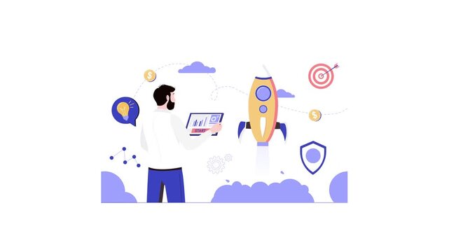 Startup founder presenting business idea with tablet and rocket animation