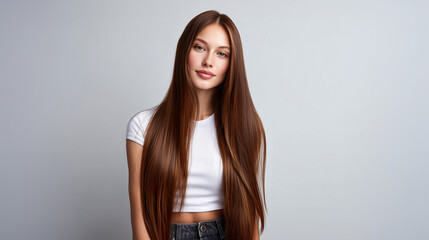 Naklejka premium long straight hair, young woman portrait, healthy hair, beauty model, hair care concept, smooth shiny hair, studio portrait, natural beauty, female model,