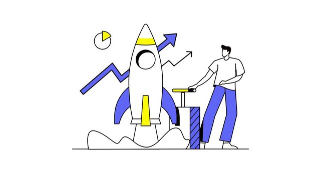 Animated startup growth illustration with rocket launch and rising chart