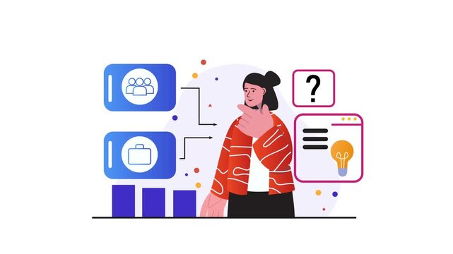 Animated woman choosing career path with icons, charts and ideas
