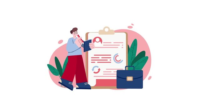 Animated job applicant reviewing resume beside clipboard and briefcase