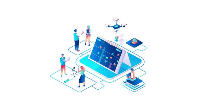 Isometric animation of team using digital tablet for drone data analytics