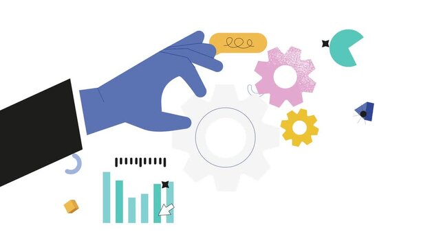 Animated hand turning gears with business analytics icons on white