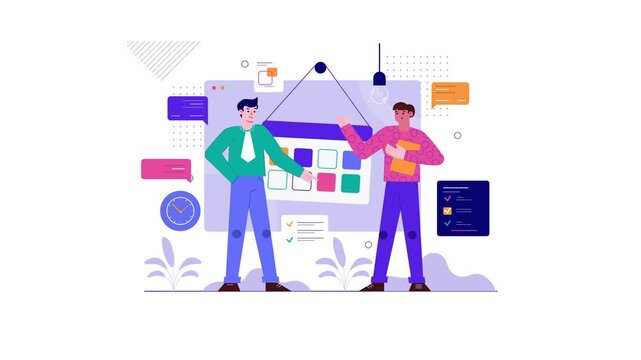 Animated business team planning schedule on calendar board