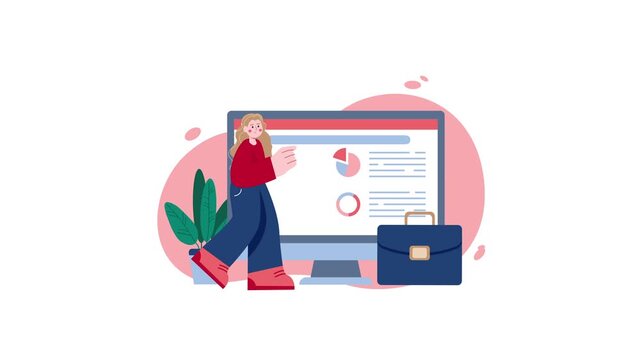 Animated woman presenting business growth analytics on computer screen