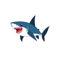 Naklejka premium Cartoon Shark Cute Illustration. Great White, Blue Predator, Open Mouth, Sharp Teeth. Danger Ocean Animal Character Design, Sea Wildlife Graphic, Marine Vector, Decorative Element Isolated.