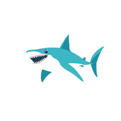 Fototapeta premium Shark Cartoon Vector Illustration. Cute Blue Shark Isolated on White Background. Ocean Predator Character Design. Underwater Sea Animal Graphic, Smiling Shark with Sharp Teeth.
