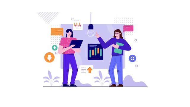 Animated business team discussing stock chart and analytics dashboard