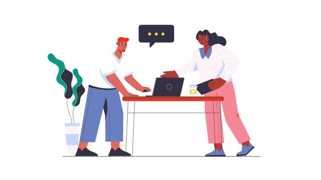 Flat vector animation of coworkers discussing project at laptop desk