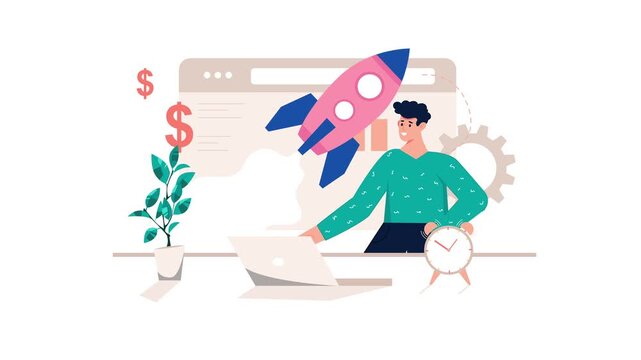Animated startup growth concept with man, rocket and laptop dashboard