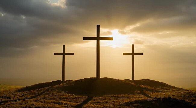 Three crosses silhouetted against a dramatic sunset sky, symbolizing faith and hope