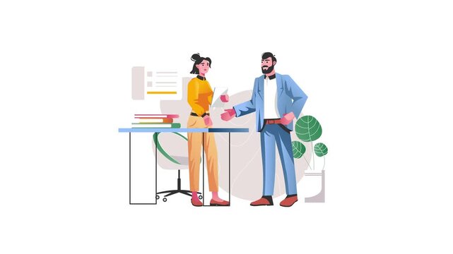 Flat animation of business partners shaking hands in modern office space