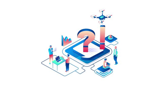 Animated isometric tech support concept with question mark, drone and team