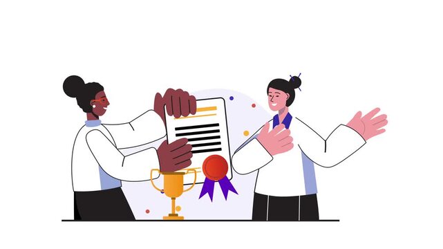 Animated diverse women presenting achievement certificate and trophy