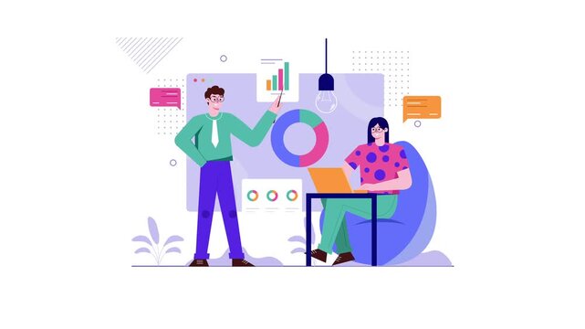Animated business analytics team presenting dashboard in modern office