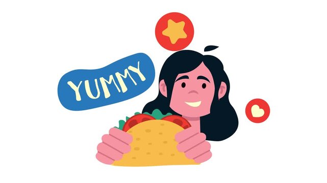Happy woman holding taco with yummy text in flat vector animation