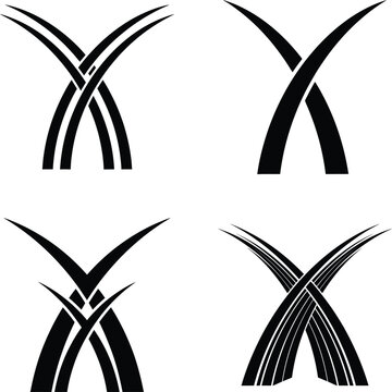 Set of black crossed arch silhouettes and stylized x shape design elements