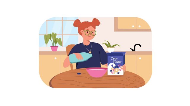 Young woman pouring milk into cereal bowl in kitchen animation
