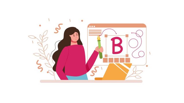 Animated female designer editing typography on laptop with pen tool