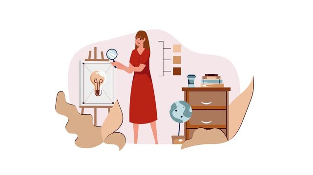 Animated female designer reviewing light bulb concept in creative studio
