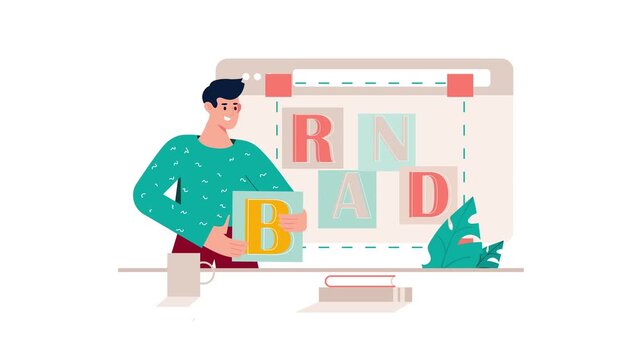Man arranging brand letters on screen in flat design animation