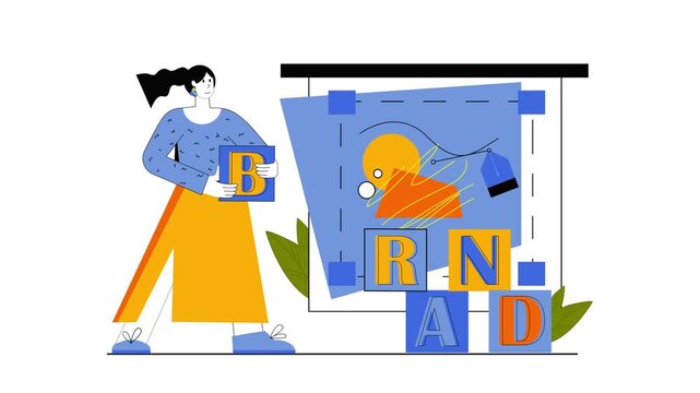 Animated woman holding brand letters beside abstract design board