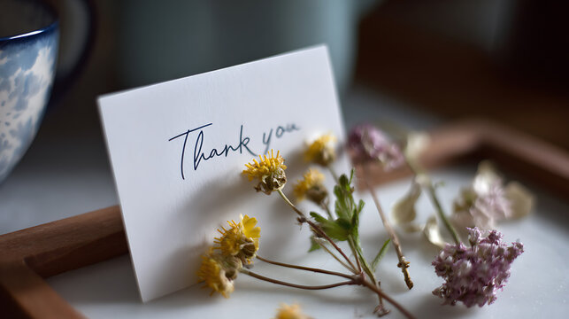 Elegant 'Thank You' card with rustic dried flowers, warm lighting, and a ceramic cup for a heartfelt, appreciative, and cozy sentiment