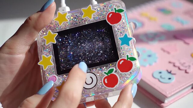A close-up shot of a person's manicured hand holding a toy game console, decorated with glitter, stickers, and a patterned design, next to a pink notebook. It creates a dreamlike and magical ambiance.