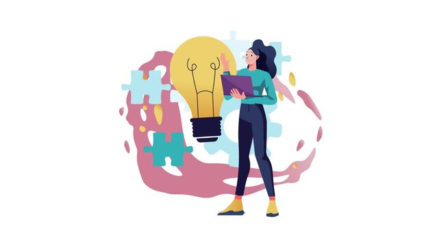 Woman presenting idea with lightbulb and puzzle pieces animation