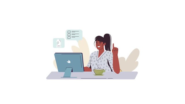 Animated woman planning strategy at desk with laptop and light bulb