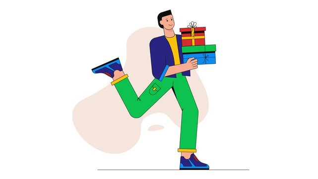 Cheerful man carrying stacked gift boxes in running pose animation