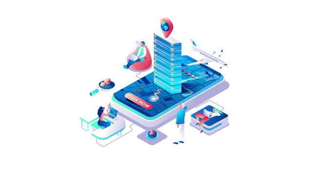 Isometric travel booking app animation with hotel, plane and users
