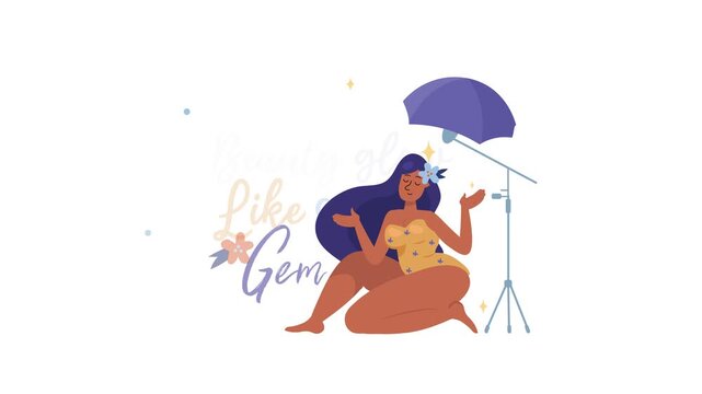 Animated beauty promo illustration of woman posing under studio umbrella light