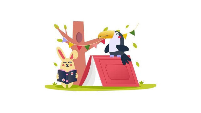 Cute animal animation with rabbit and toucan reading book by tree
