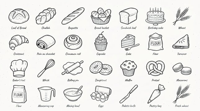 A detailed illustration of various baked goods and baking tools