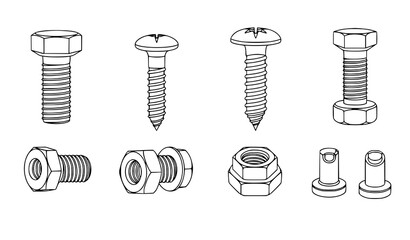 Metal screw and bolt outline icons hardware fastener vector set