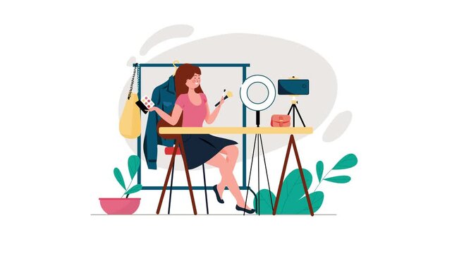 Animated beauty influencer filming makeup tutorial in home studio