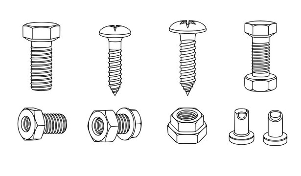 Metal screw and bolt outline icons hardware fastener vector set