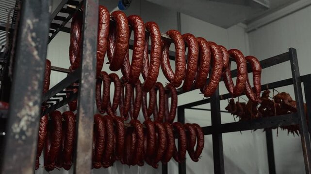 Hanging sausages in a meat processing facility displayed on metal racks, showcasing the drying process in a well-lit industrial environment with visible details